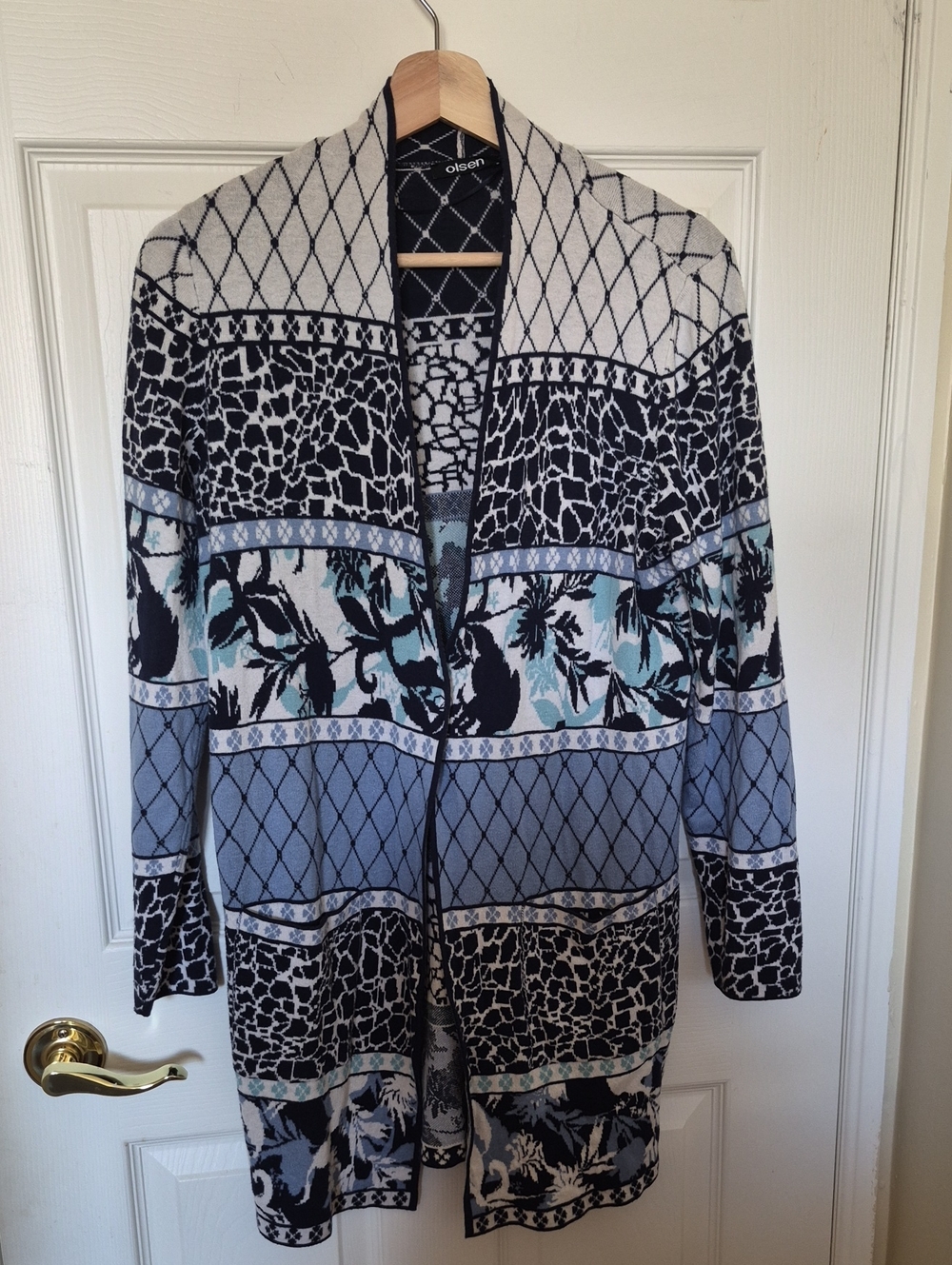 Olsen Europe Longline Pattern Mix Cardigan Coat Navy Blue Cream Pockets Size M.